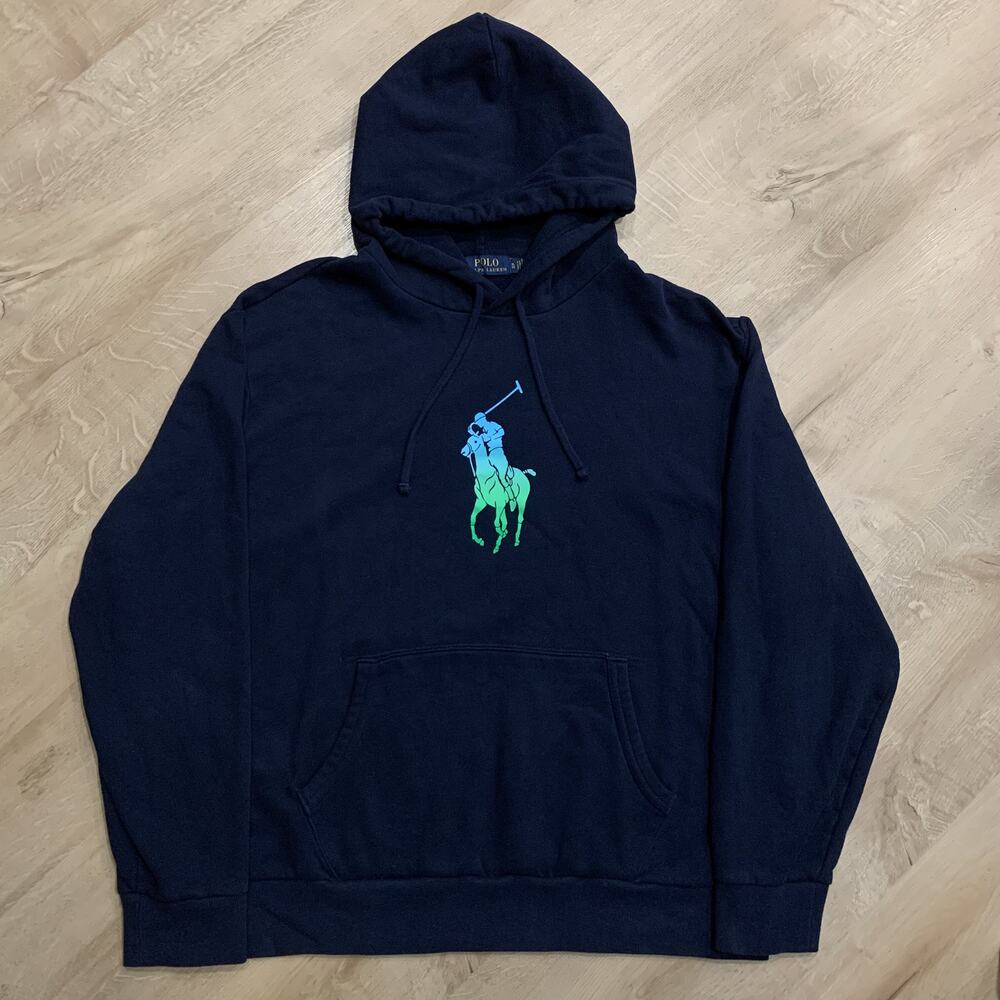 Polo Ralph Lauren Big Pony Ombre Hoodie Sweatshirt Men's XL Navy Blue Teal Neon